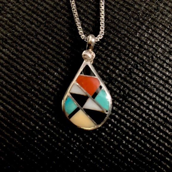 Signed Ralph Lillie Kallestewa RLK Sterling Silver Zuni Inlay Pendant Necklace - Picture 11 of 12